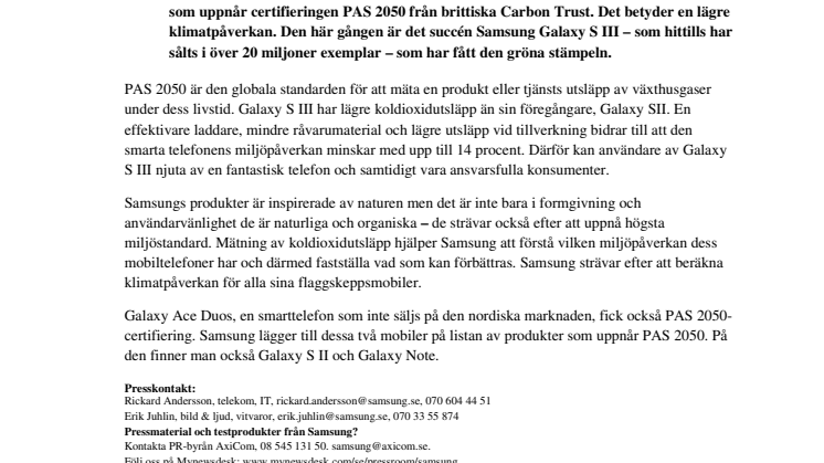 Klimatsmart: Samsung Galaxy S III miljöcertifierad i Sverige