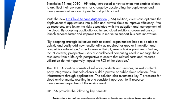 Företag får ökad flexibilitet i molnet med HPs nya lösning HP Cloud Service Automation 