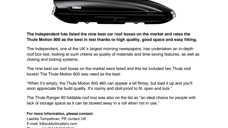 The Independent rates Thule Motion 800 as Best Roof box