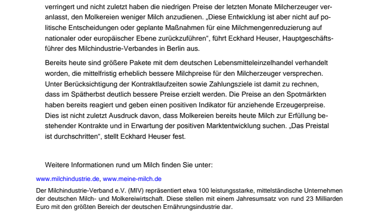 Milchindustrie erwartet steigende Preise