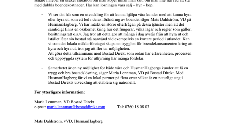 Bostad Direkt och HusmanHagberg inleder branschöverskridande samarbete