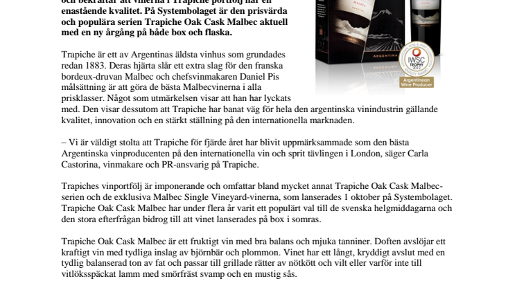 Trapiche utnämnt till årets producent 2012