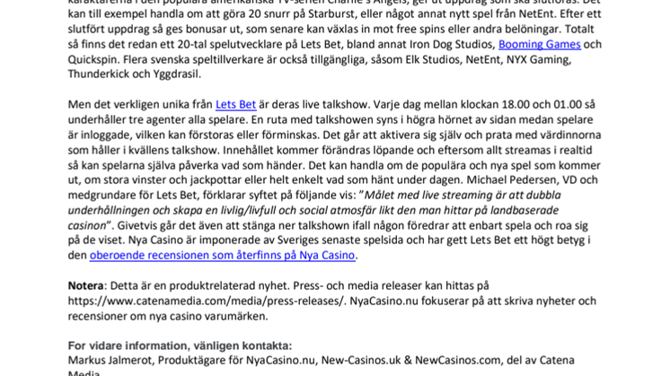 Nya Casino produktnyhet: Lets Bet släpper världens första online casino talkshow