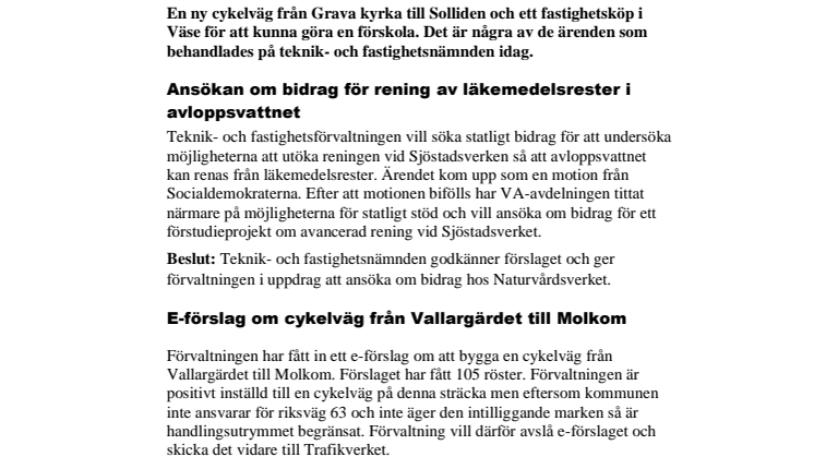 Beslut i korthet från teknik- och fastighetsnämnden 29 augusti 