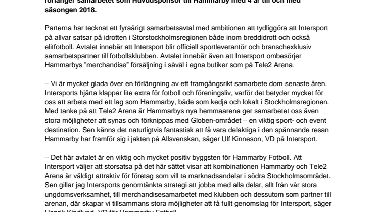 Hammarbys huvudsponsor Intersport förlänger samarbetet med klubben till 2018