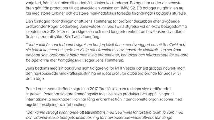 SeaTwirl har utsett Jens Tommerup till ny ordförande och Peter Laurits till vice!