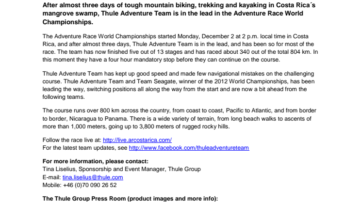 Thule Adventure Team in the lead in the Adventure Race World Championships, Costa Rica 