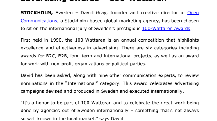 Open Communications’ founder David Gray to sit on jury of Sweden’s foremost advertising awards – 100-Wattaren