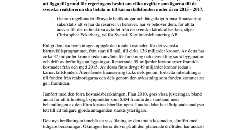 Ny kostnadsberäkning för hantering av det svenska kärnavfallet