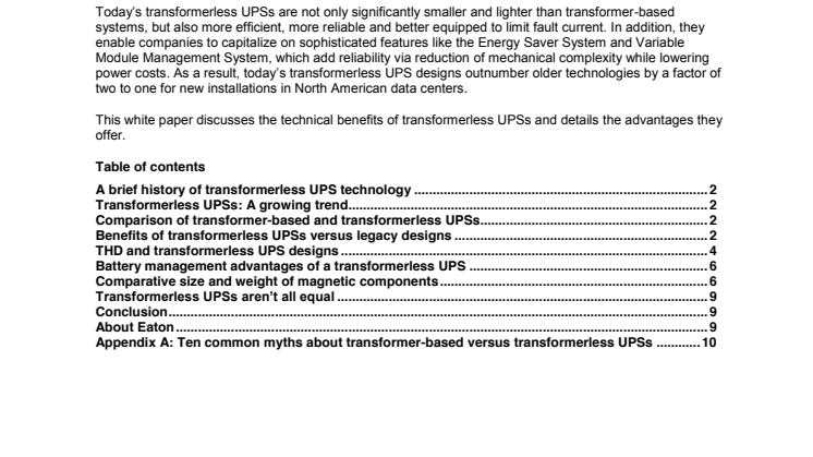 White paper: Fördelarna med transformatorlösa UPS:er