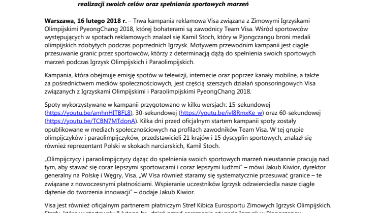 Kamil Stoch w kampanii reklamowej Visa na Zimowe Igrzyska Olimpijskie PyeongChang 2018