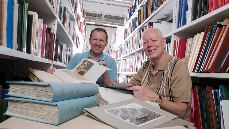 Bob Stanley (left) and Brian Ward, pictured in Newcastle City Library looking through archive material about the band The Shadows.