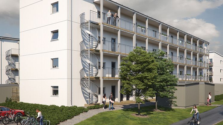 Illustration av entrésida, BoKlok Koordinaten i Kvarnbäck, Höör. 