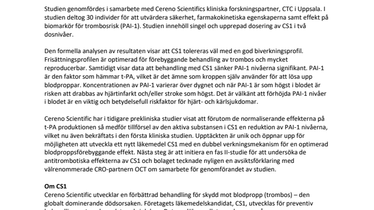 Cereno Scientific presenterar positiva resultat från första kliniska studien med CS1