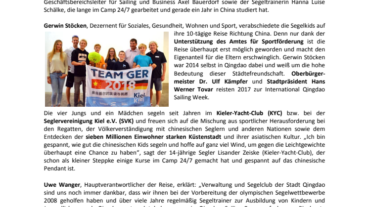 Kieler Segelkinder fahren nach China zur International Qingdao Sailing Week