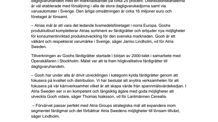 Atria köper färdigrättsverksamheten Gooh