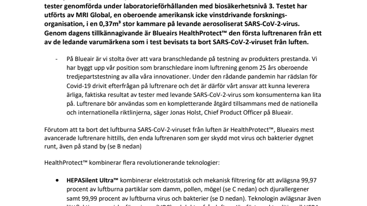 Blueairs HealthProtect™ tar bort levande SARS-CoV-2-virus i oberoende laboratorietester