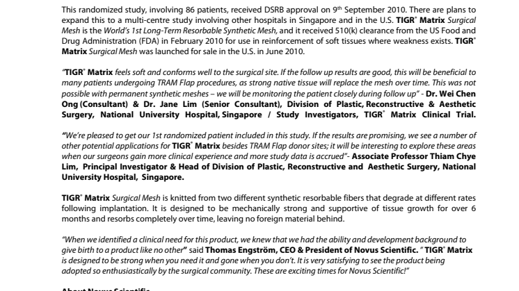 National University Hospital Singapore operates on Asia’s 1st TRAM Flap patient using TIGR® Matrix Surgical Mesh, the World's 1st long-term resorbable mesh