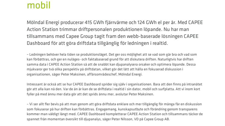 Mölndal Energi ser med CAPEE Dashboard driften i realtid på webb, surfplatta och mobil