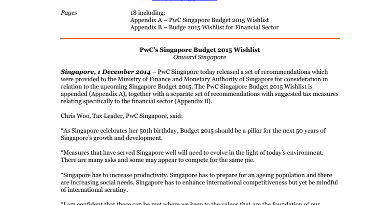 Onward Singapore: PwC’s Singapore Budget 2015 Wishlist