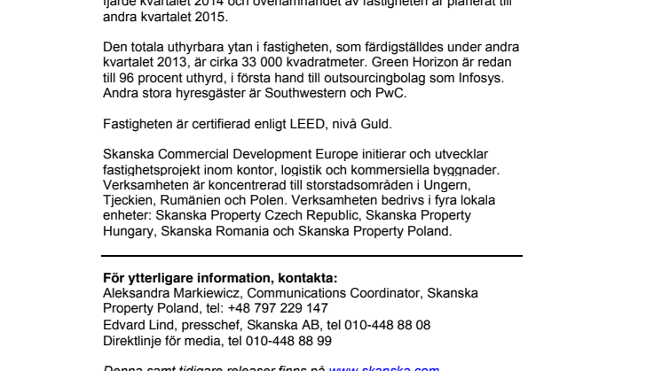 Skanska säljer kontorsprojekt i Lodz, Polen, för cirka 600 miljoner kronor