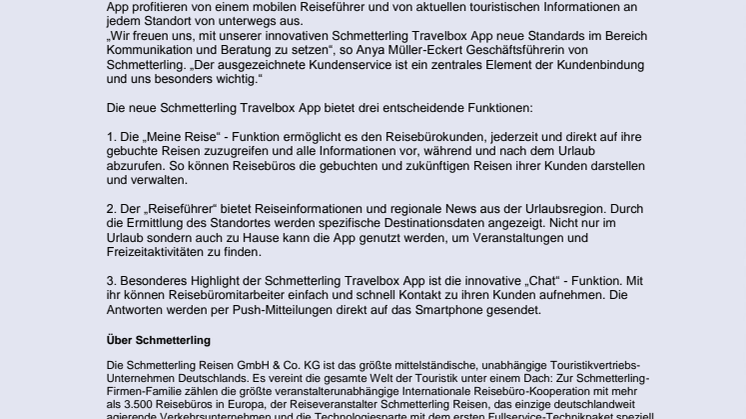 Das Reisebüro für unterwegs - Die neue Schmetterling Travelbox App setzt neue Maßstäbe für die Kundenkommunikation 
