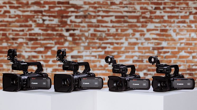 Fyra av Canons fem nya 4K-videokameror - XA60, XA65, XA70 och XA75.