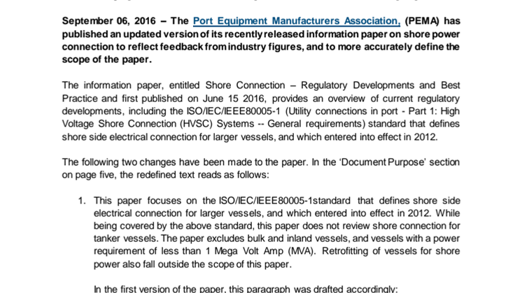 Port Equipment Manufacturers Association updates recently published shore power information paper