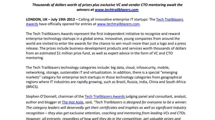 Tech Trailblazers Are GO: Awards Now Open for Entries: Calling all innovative enterprise IT startups