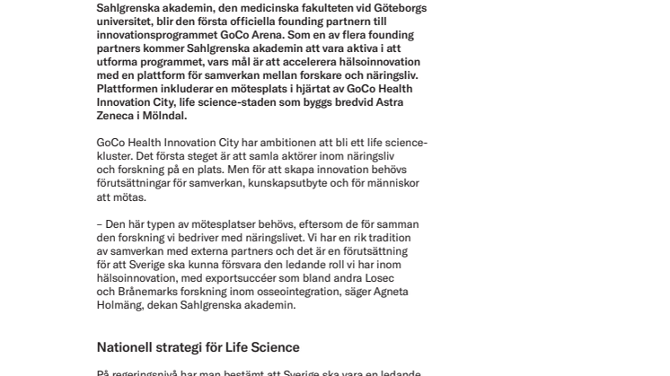 GoCo Arena välkomnar Sahlgrenska akademin som founding partner