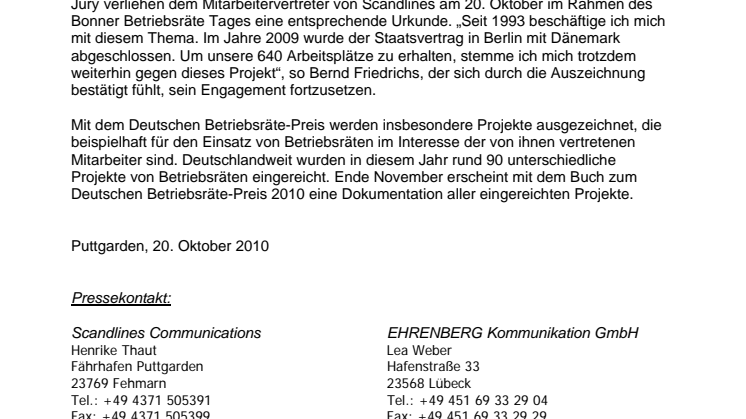 Auszeichnung für Betriebsrat von Scandlines