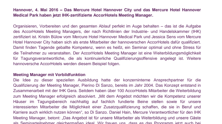 IHK-zertifizierte Meeting Manager bei Mercure Hotels in Hannover