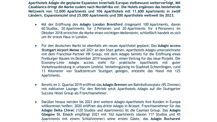 Aparthotels Adagio: Adagio setzt Expansionskurs in Europa und international mit Eröffnung und Übernahme mehrerer Häuser fort