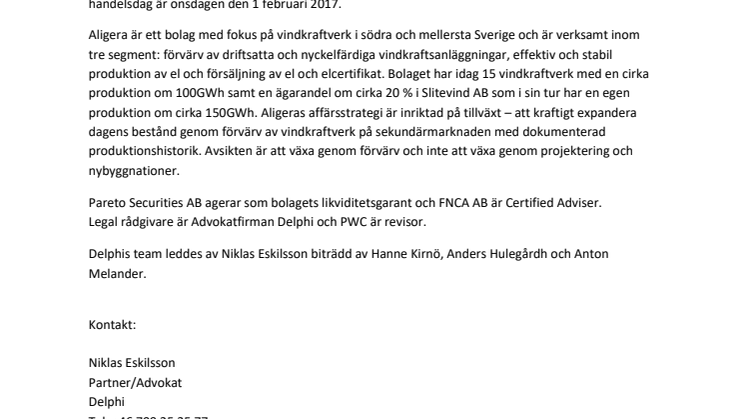 Delphi rådgivare vid notering av Aligera AB (publ) på Nasdaq First North