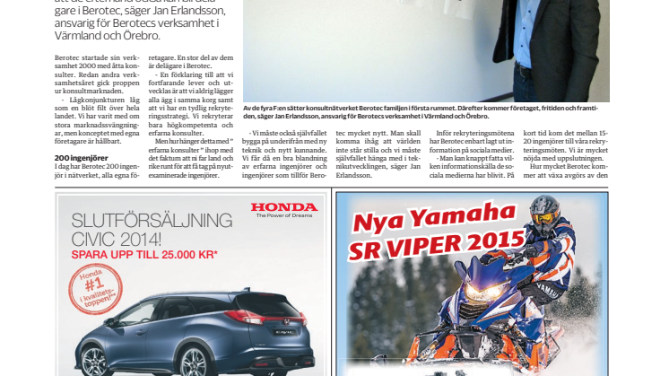 Nätverket Berotec - Ingenjörerna är egna företagare, artikel i NWT 28 januari 2015