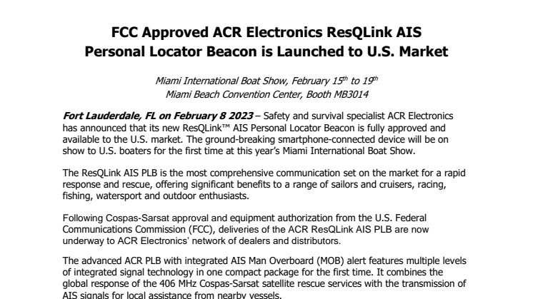 Miami 2023 - FCC Approved ACR Electronics ResQLink AIS PLB is Launched to U.S. Market.pdf