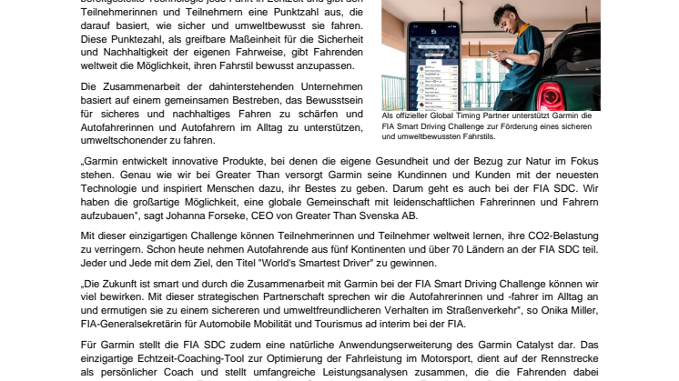 PM Garmin unterstützt FIA Smart Driving Challenge