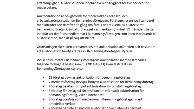 Auktorisationsarbetet resulterar i att 5 företag utesluts och 22 får auktorisation