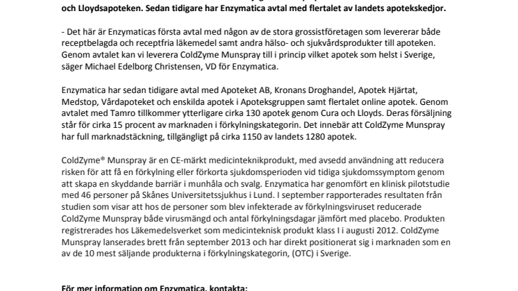 Enzymatica får full marknadstäckning genom grossistavtal med Tamro
