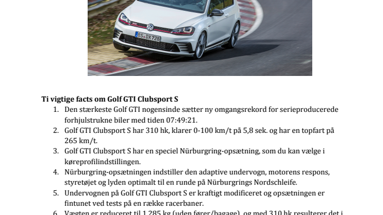Golf GTI fejrer 40-års jubilæum med 310 hk Clubsport S og omgangsrekord på Nürburgring