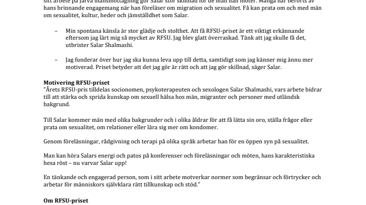 Sexologen Salar Shalmashi på Järva mansmottagning får RFSU-priset 