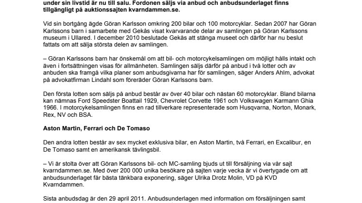Göran Karlssons bilsamling bjuds ut på kvarndammen.se