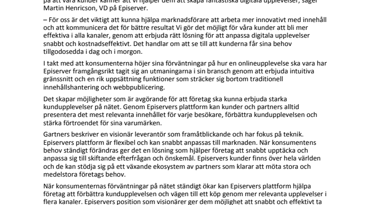 Gartner placerar Episerver som ”visionär” i nya Magic Quadrant för Web Content Management
