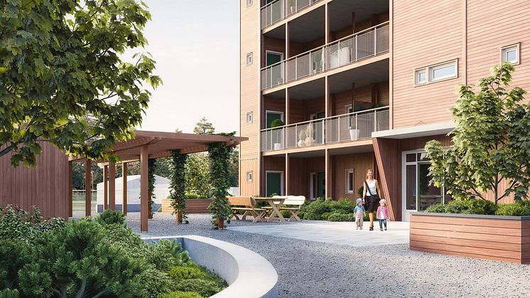 Brf Växthuset - 3D-bild av flerbostadshus och rummet mellan husen. 