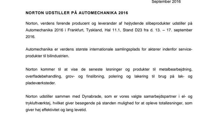 Norton udstiller på Automechanika 2016