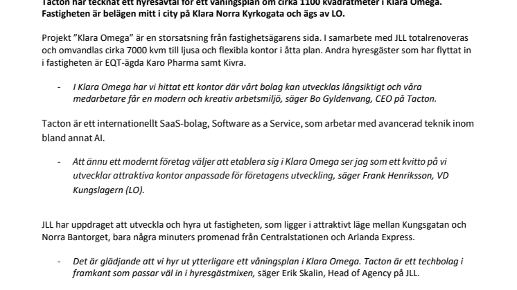 Tacton Systems hyr ett våningsplan i Klara Omega