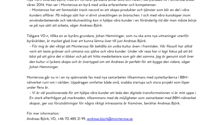 Ny VD på prisbelönta Monterosa