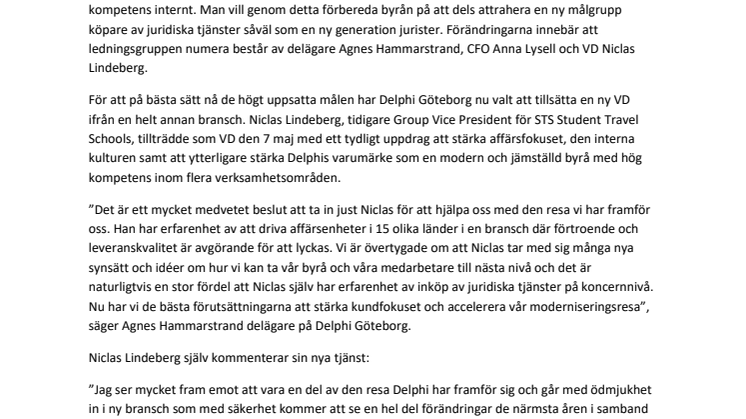 Advokatfirman Delphi Göteborg förnyar i ledningen samt anställer extern VD