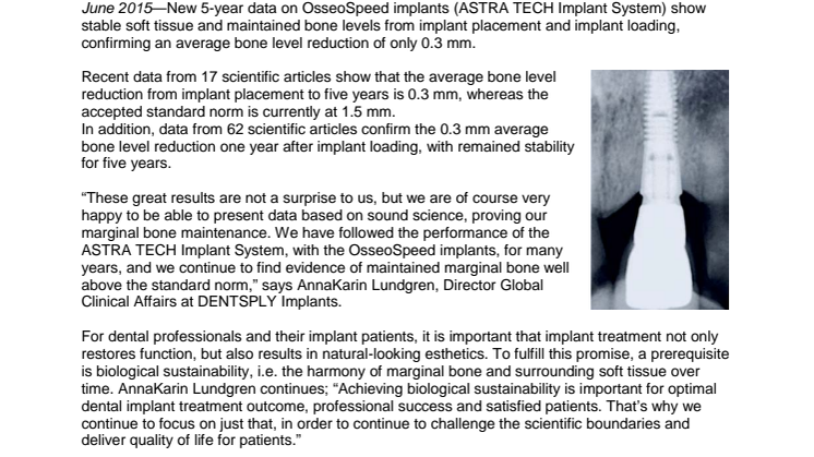 New 5-year data confirm maintained bone levels and biological sustainability with OsseoSpeed implants from DENTSPLY Implants