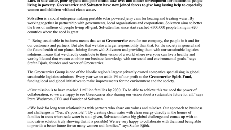 Greencarrier and Solvatten in collaboration for safe water and better lives